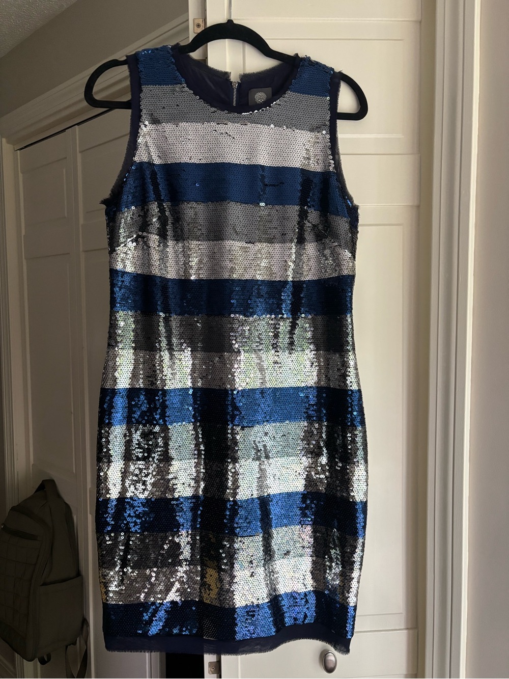 Vince Camuto Blue, Silver & Black Sequin Stripe Mini Dress